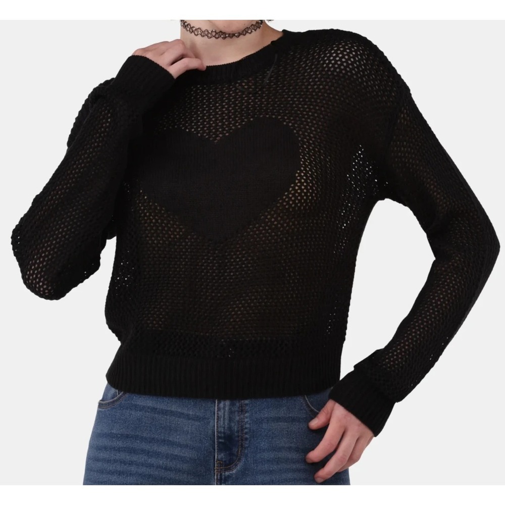 No Boundaries Womens Sweater Size M Black Soot Heart Mesh Pullover Lightweight